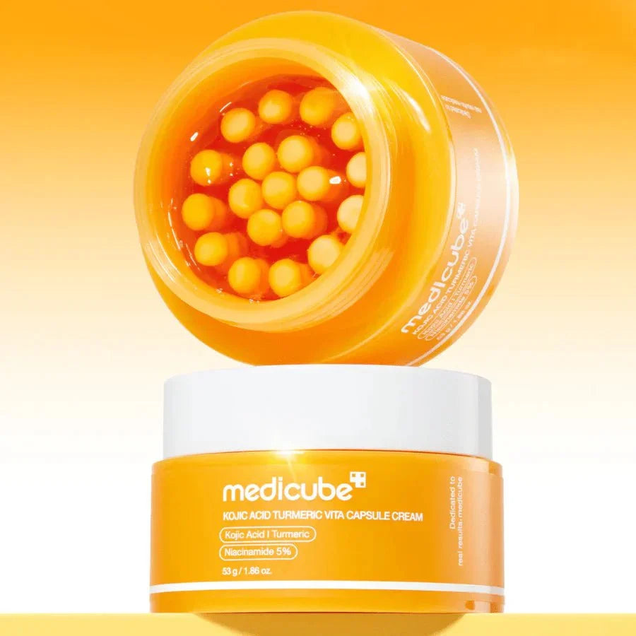 Lakinza Medicube Kojic Acid Turmeric Vita C capsule cream in 53g jar, featuring a white cream with a smooth texture.