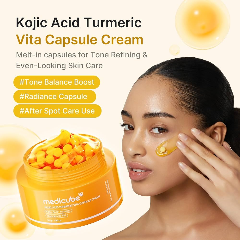 Lakinza K-beauty Medicube Kojic Acid Turmeric Vita C Capsule Cream 53g jar, creamy skincare with brightening ingredients.