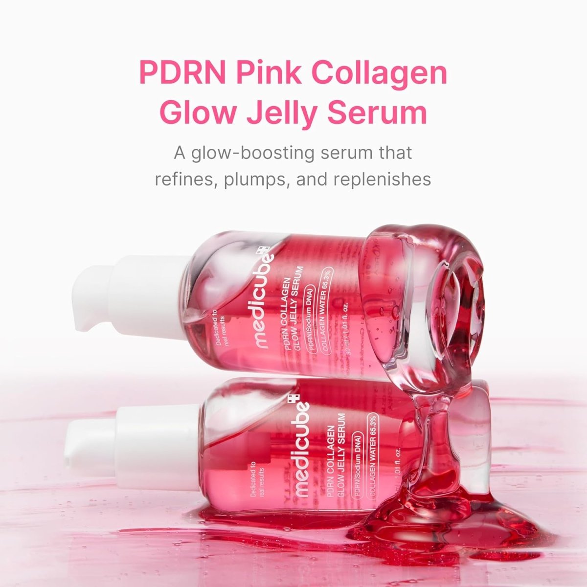 Lakinza Medicube PDRN Collagen Glow Jelly Serum 30ml in a clear jar with a white pump dispenser, showcasing its glossy texture.