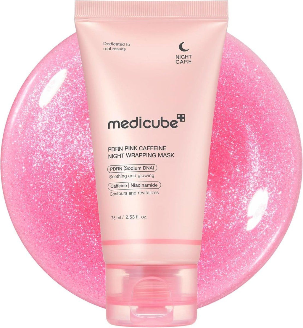 Lakinza Medicube PDRN Pink Caffeine Night Wrapping Mask in a 75ml jar, featuring a pink skincare mask for rejuvenation and hydration.