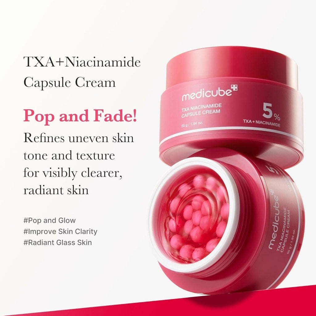 Lakinza K-beauty Medicube TXA Niacinamide Capsule Cream 55g in a jar, showcasing the skincare product's packaging and cream texture.
