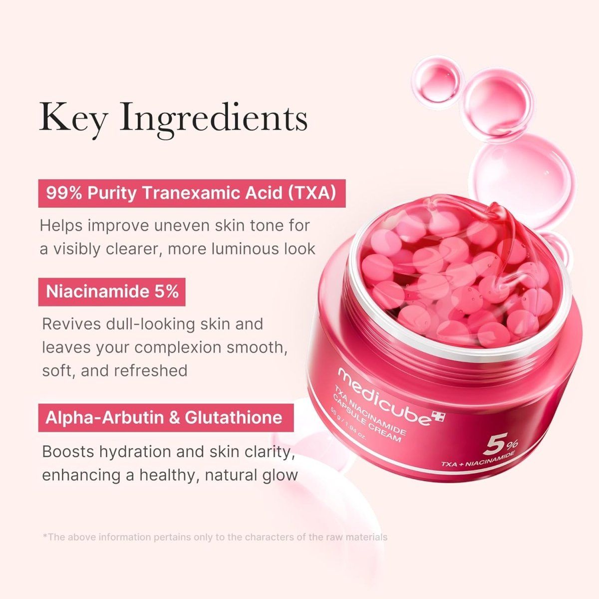 Medicube TXA Niacinamide Capsule Cream by Lakinza K-beauty, 55g, showing the jar with cream capsules in a natural setting.