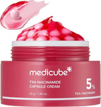 Lakinza K-beauty Medicube TXA Niacinamide Capsule Cream 55g jar with capsules and cream, smooth texture and white packaging.
