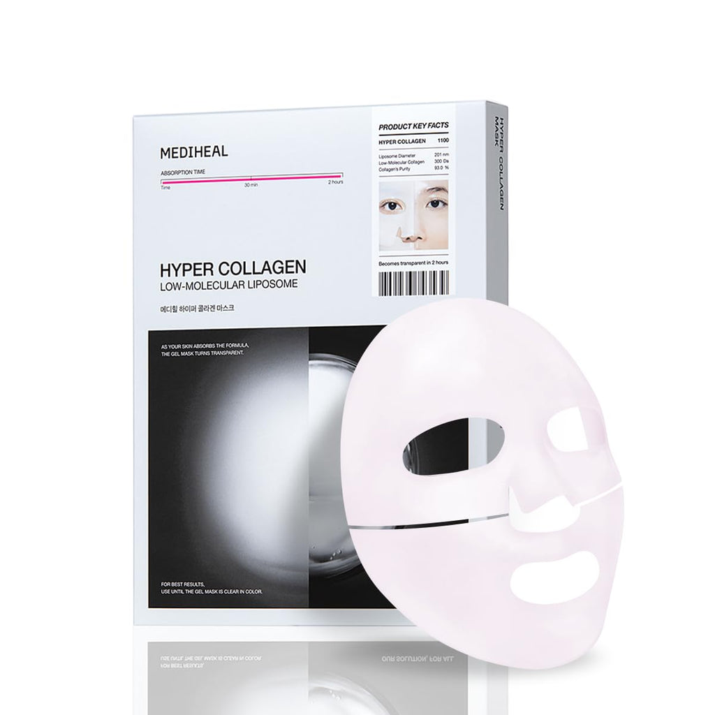 Mediheal Hyper Collagen Mask 34g, skincare mask by Lakinza K-beauty, showing a sealed sheet mask in packaging.
