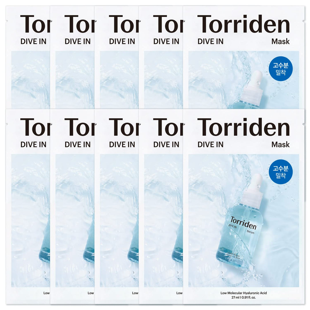 HYAKU Beauty & Living TORRIDEN Dive In Low Molecule Hyaluronic Acid Mask Pack with 10 facial sheet masks, hydrating skincare.