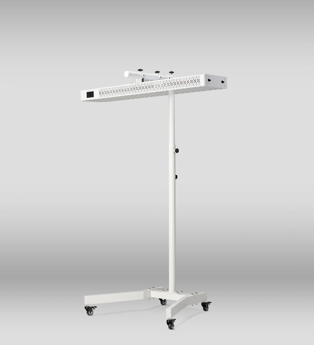Orion One Plus red light therapy device with dual panels, featuring sleek design and adjustable stand for targeted treatment.