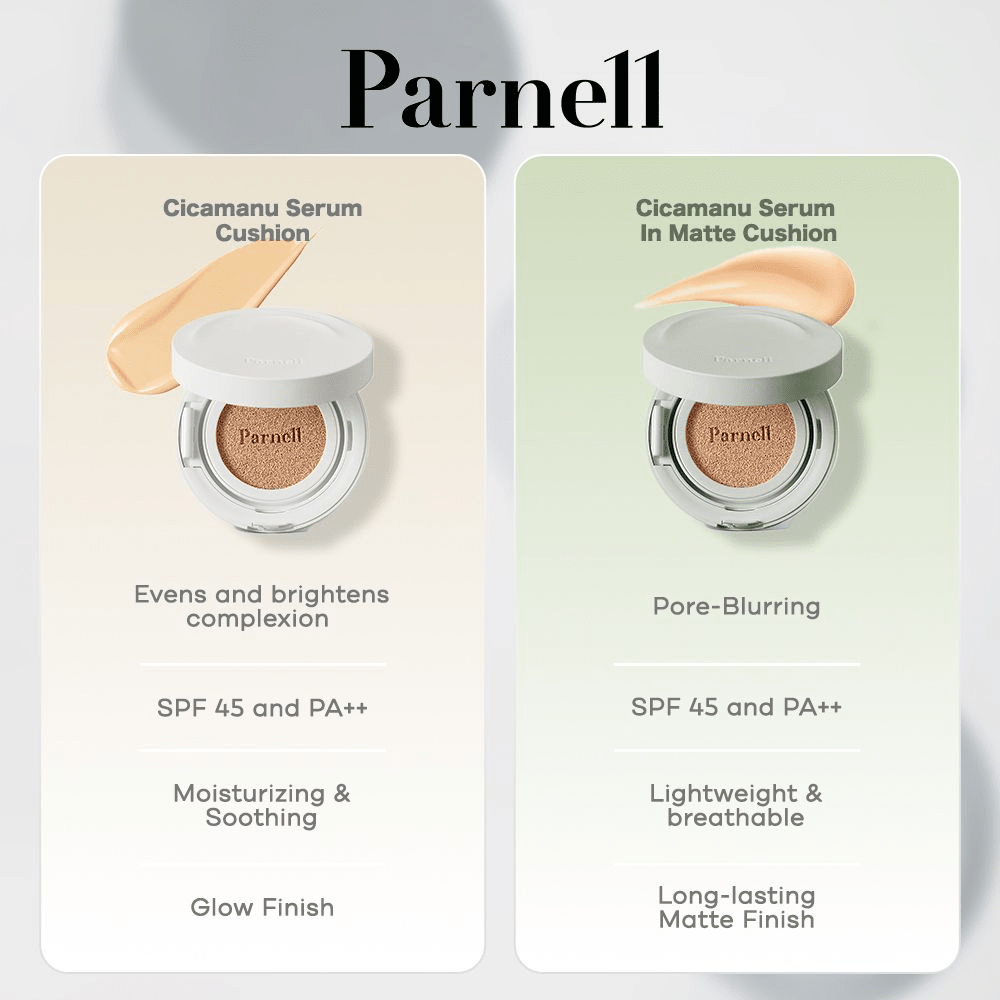 Lakinza K-beauty Parnell Cicamanu Serum In-Matte Cushion 15g, close-up of the compact with cushion applicator and matte finish.