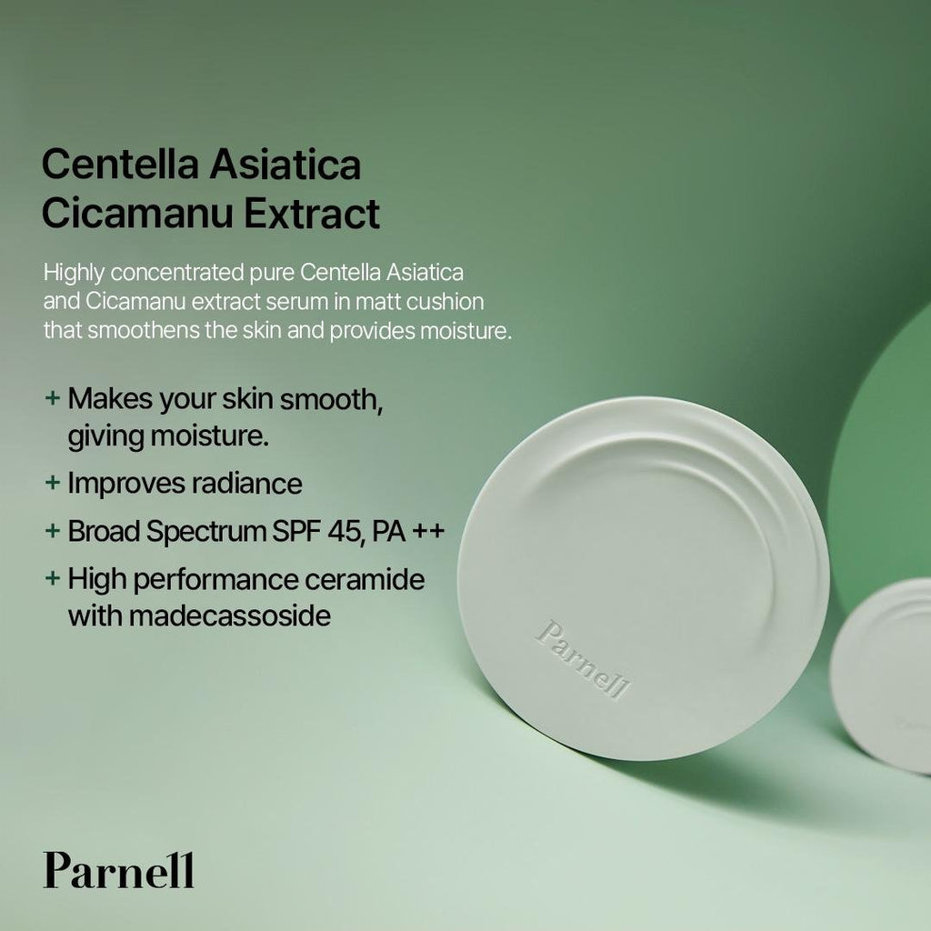 Lakinza K-beauty Parnell Cicamanu Serum In-Matte Cushion 15g, close-up of the base makeup compact with the cushion applicator.