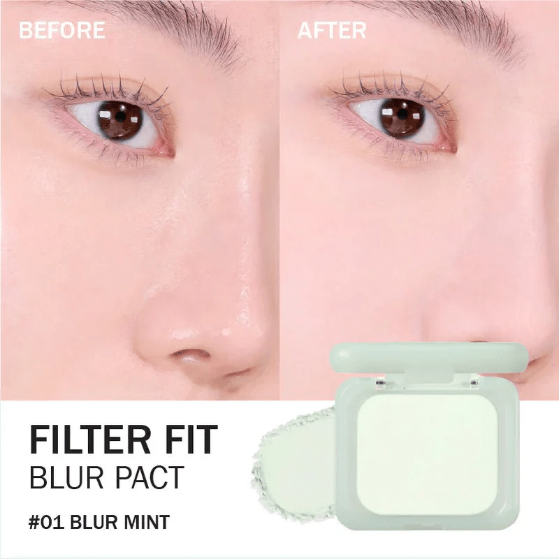 Peripera Filter Fit Blur Pact 8g, a compact base makeup powder by Lakinza K-beauty, shown open with a mirror and applicator.