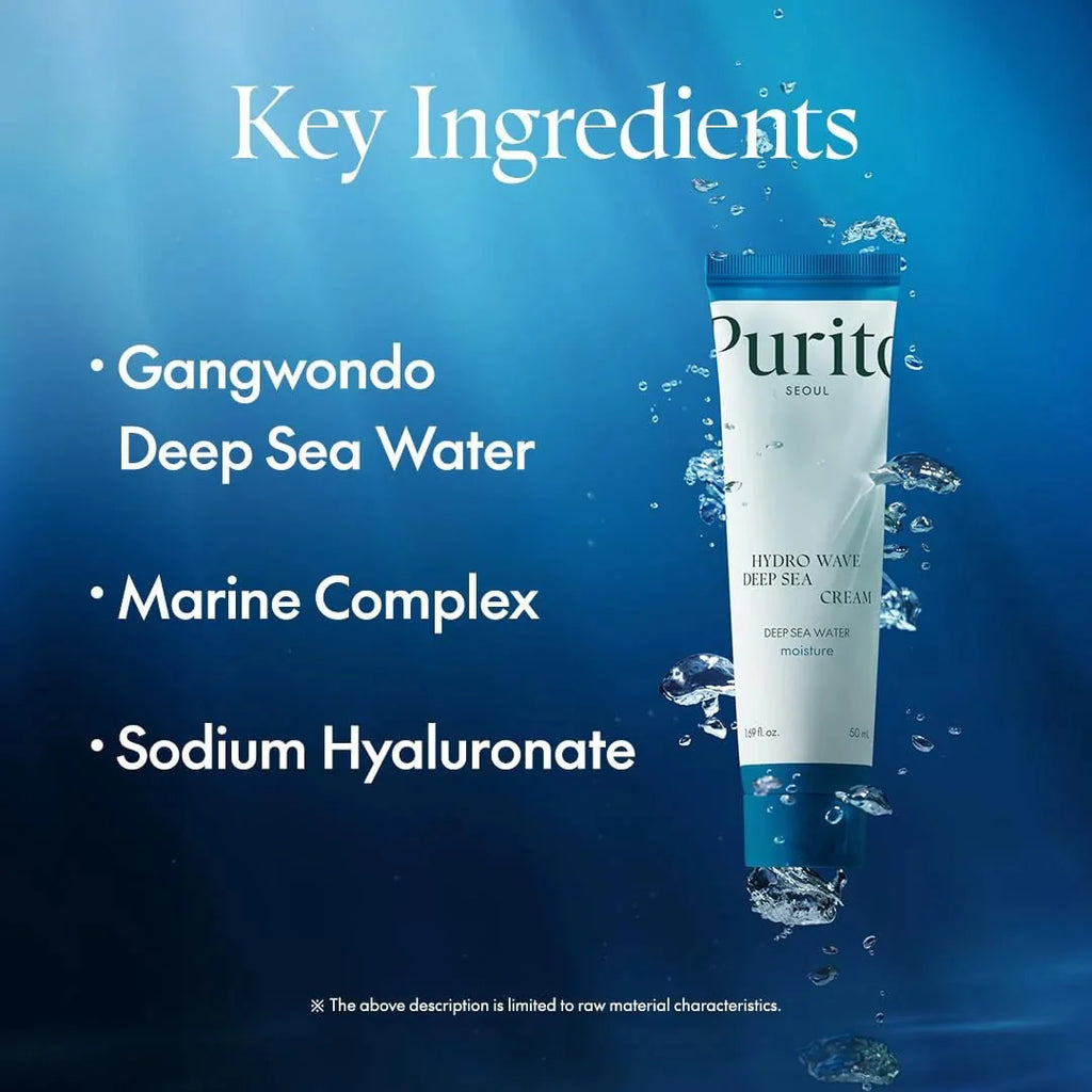 Lakinza K-beauty Purito Hydro Wave Deep Sea Cream 50ml jar with blue and white packaging for hydrating skincare.