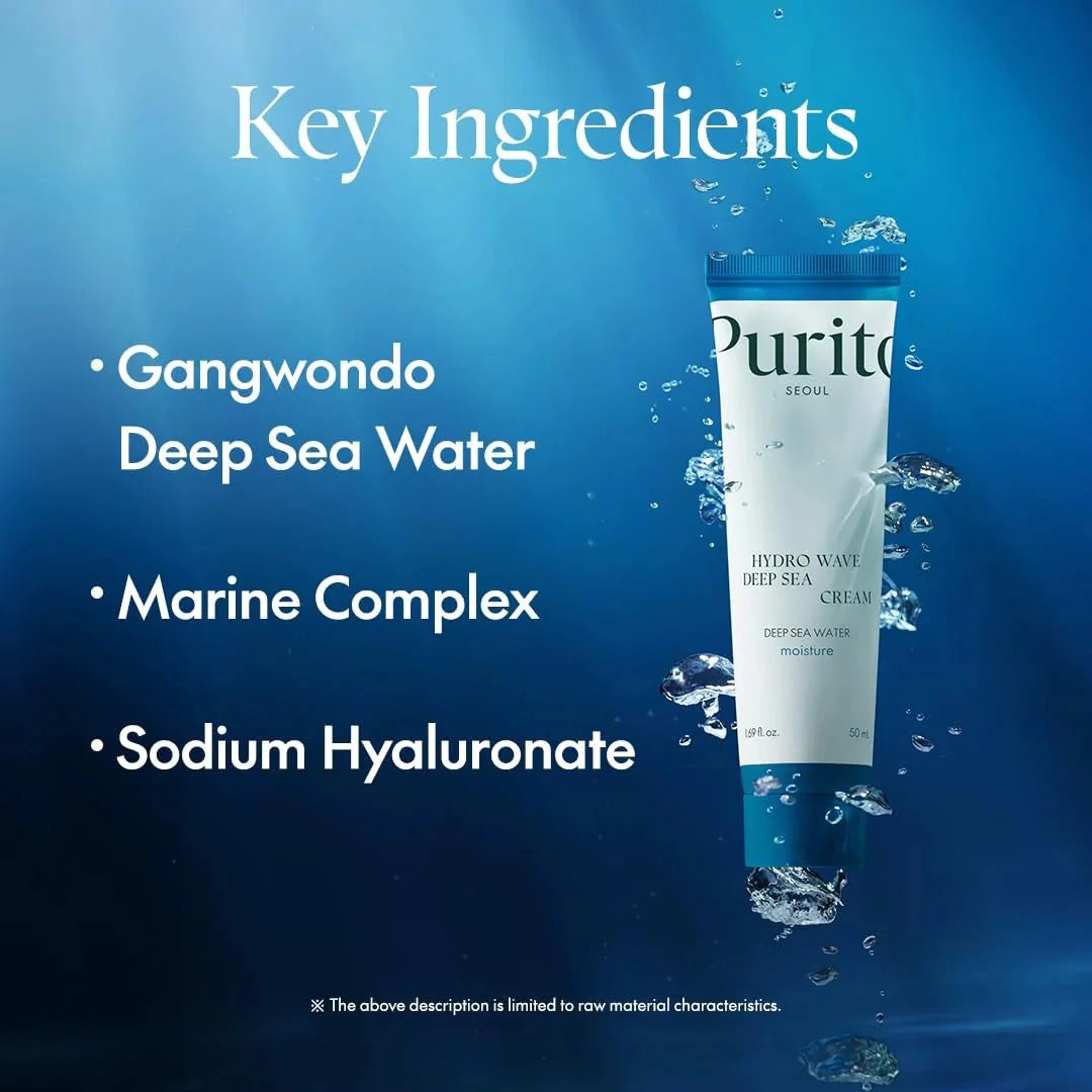 Lakinza K-beauty Purito Hydro Wave Deep Sea Cream 50ml jar with blue and white packaging for hydrating skincare.