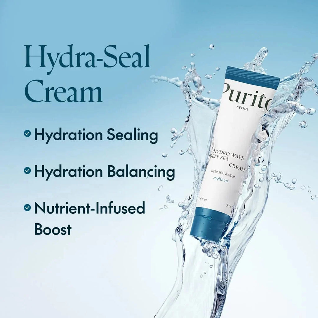 Lakinza K-beauty Purito Hydro Wave Deep Sea Cream 50ml jar showing the hydrating cream inside with a blue and white packaging design.