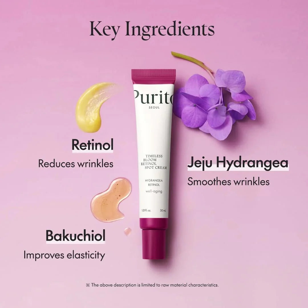 Lakinza K-beauty Purito Timeless Bloom Retinol Spot Cream 30ml, a cream for targeted skin brightening and anti-aging.