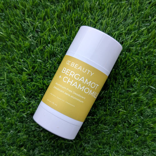 OC Beauty Co. Bergamot and Chamomile natural deodorant stick with fresh botanical scent and clear packaging.