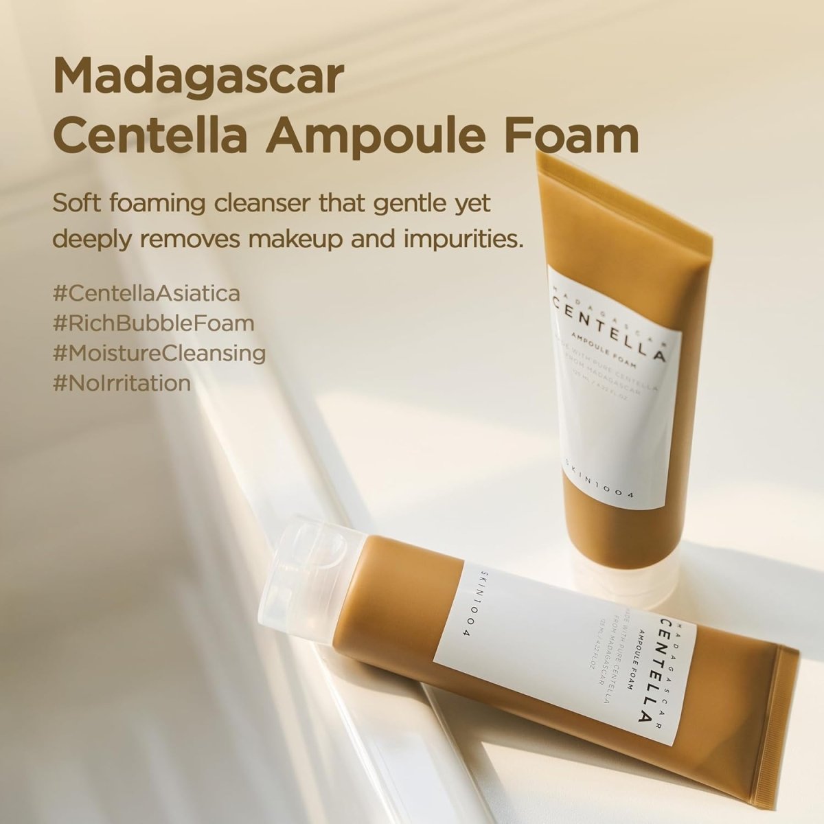 Lakinza K-beauty SKIN1004 Madagascar Centella Ampoule Foam cleanser in 20ml tube with centella extract, gentle skincare product.