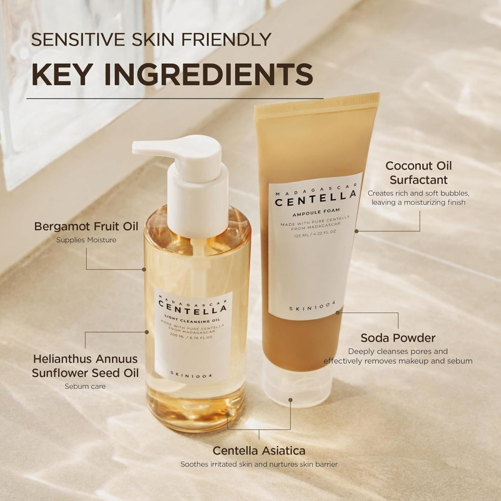 SKIN1004 Madagascar Centella Double Cleansing Duo in packaging, featuring two cleanser bottles for skincare routine.