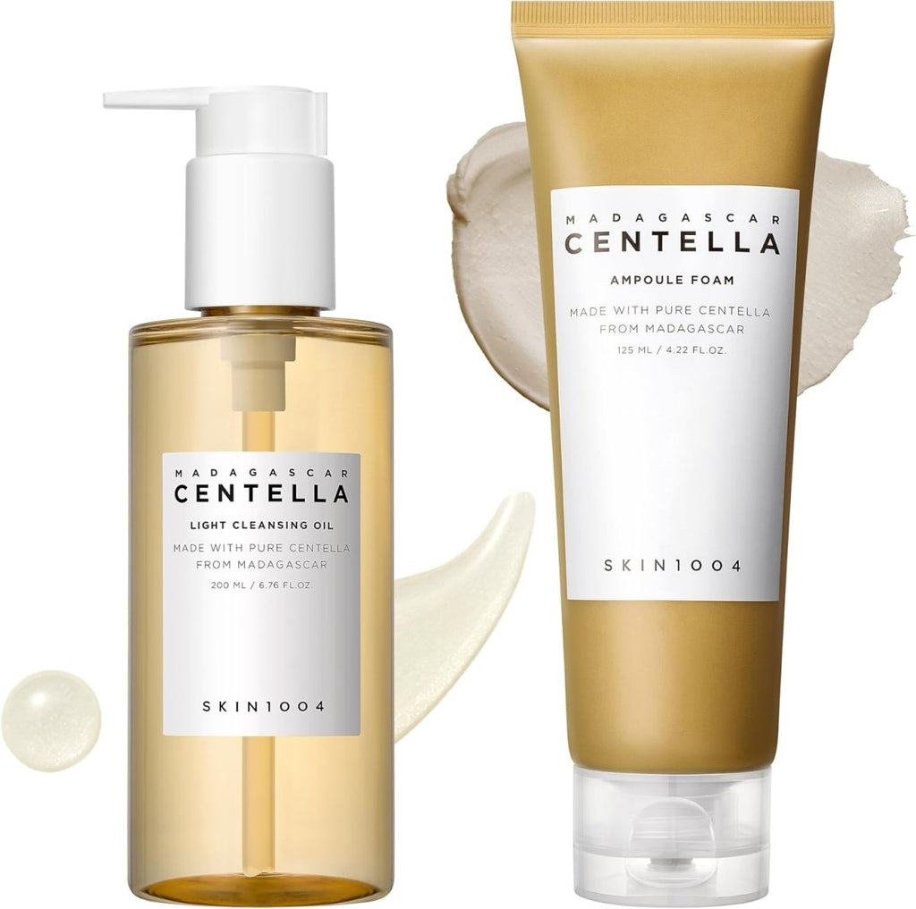 Lakinza K-beauty SKIN1004 Madagascar Centella Double Cleansing Duo with cleanser bottles on a neutral background