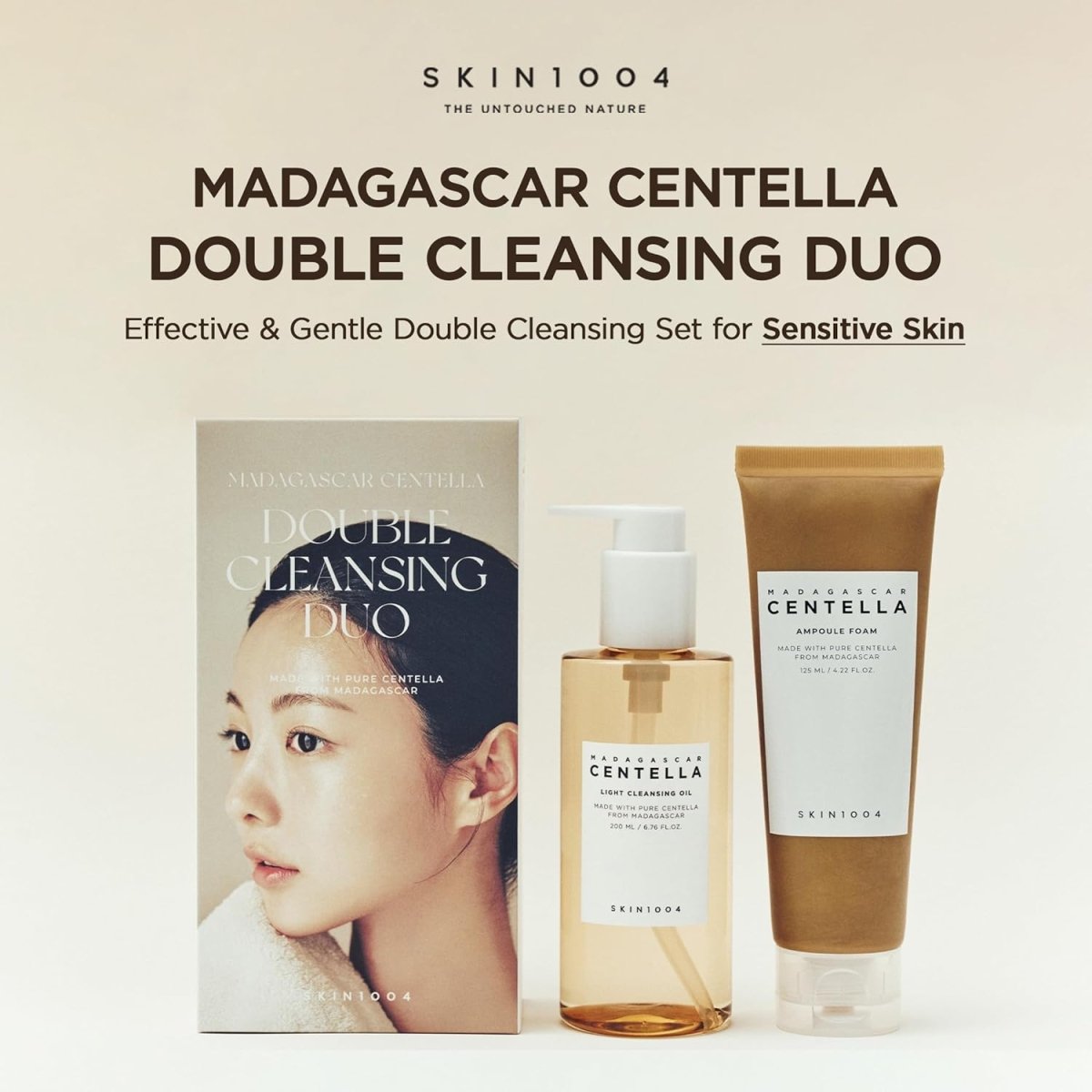 SKIN1004 Madagascar Centella Double Cleansing Duo cleanser set from Lakinza K-beauty, featuring two cleansing products in white bottles