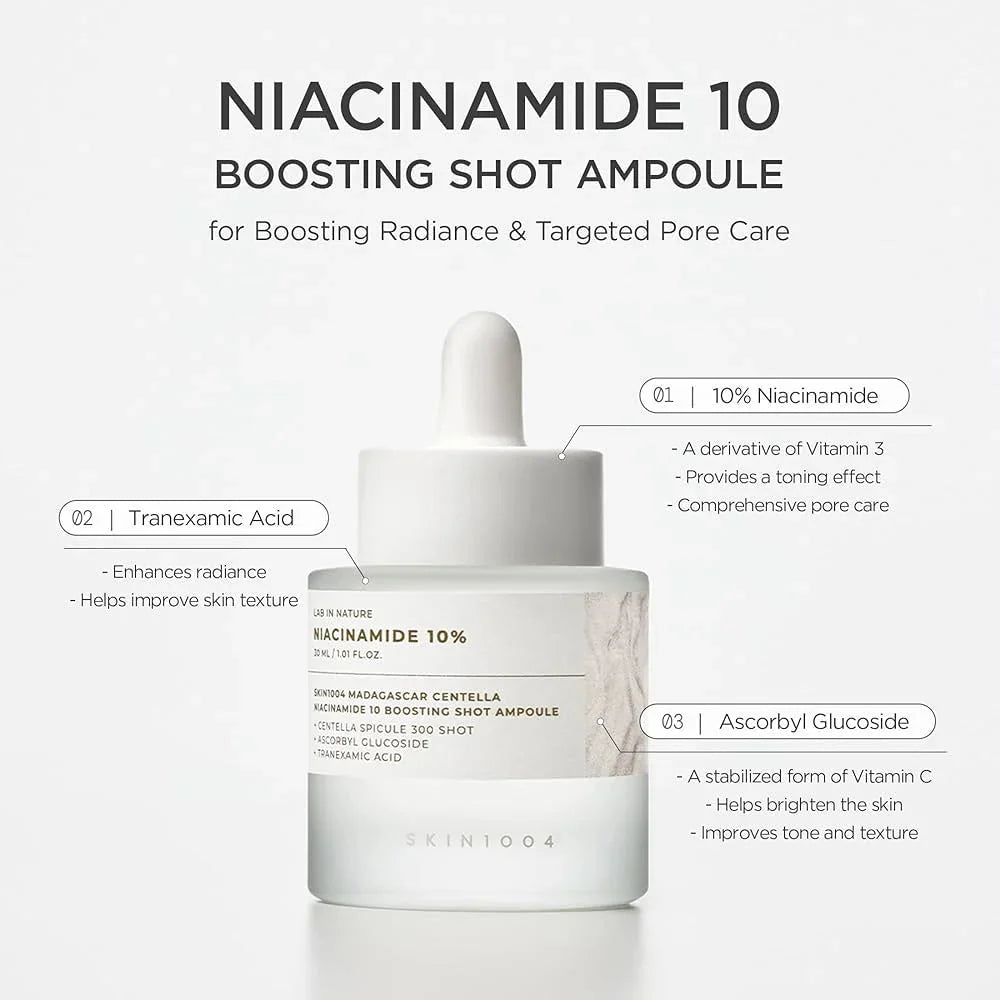 Lakinza K-beauty SKIN1004 Madagascar Centella Niacinamide 10 Boosting Shot Ampoule 30ml bottle with product label