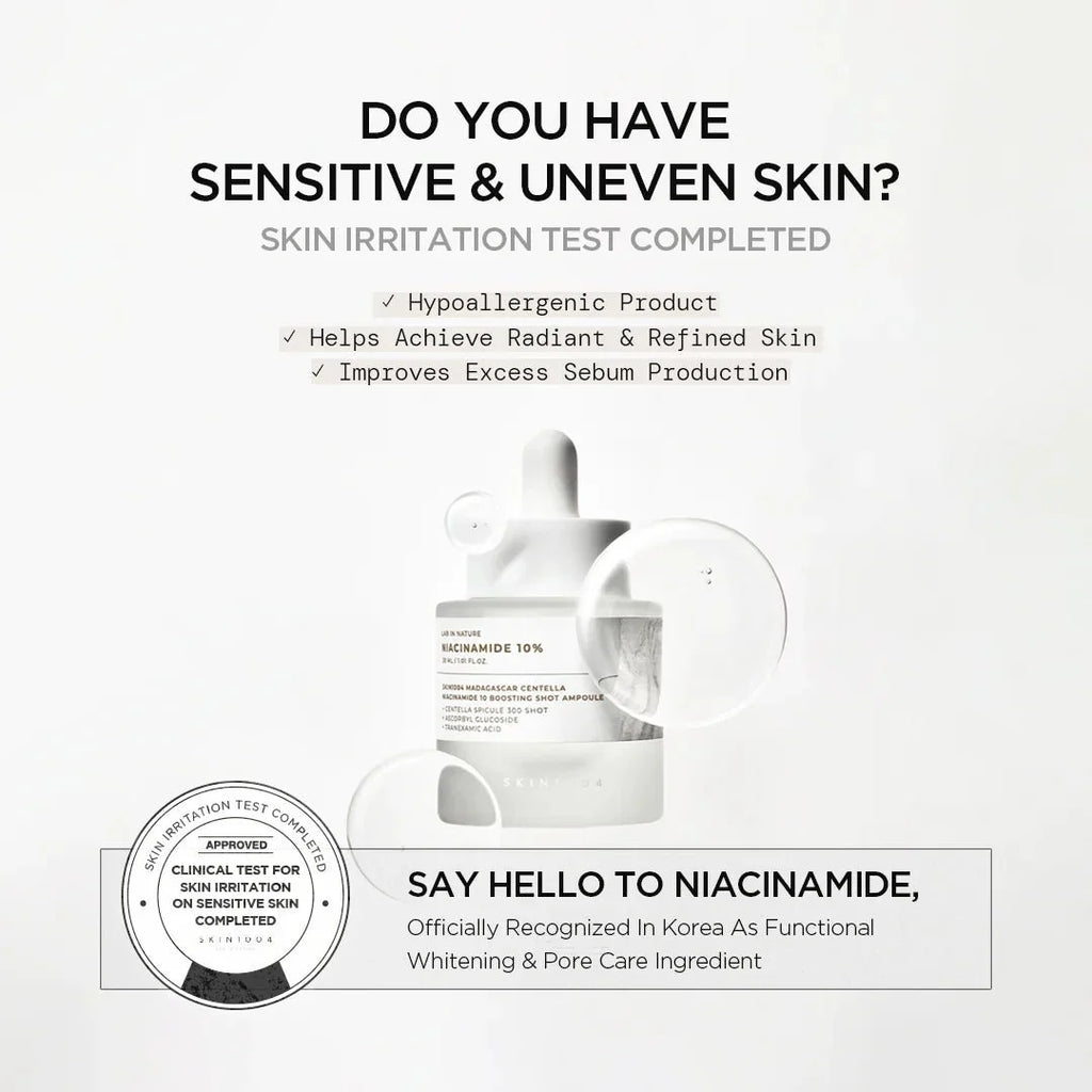 Lakinza K-beauty SKIN1004 Madagascar Centella Niacinamide 10 Boosting Shot Ampoule 30ml bottle with dropper for skincare.