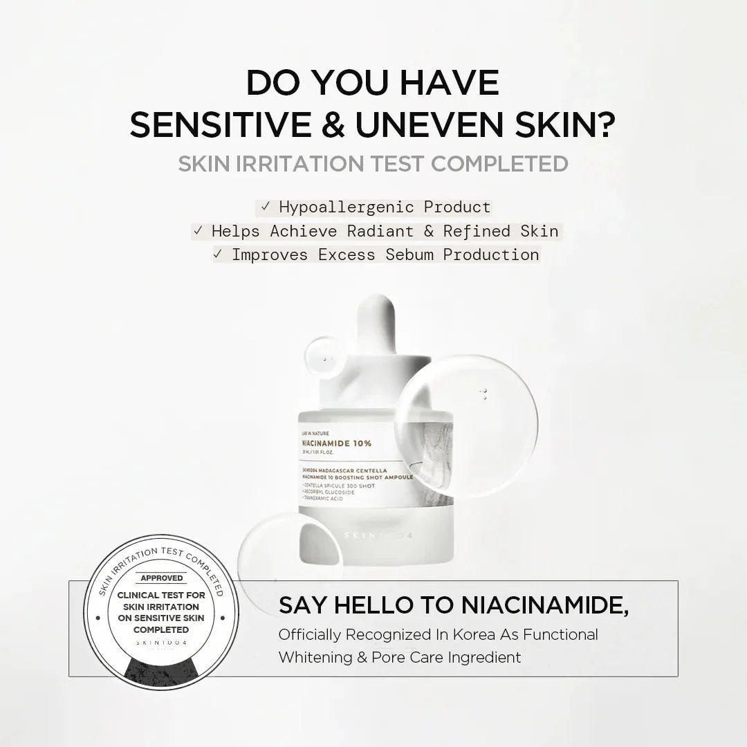 Lakinza K-beauty SKIN1004 Madagascar Centella Niacinamide 10 Boosting Shot Ampoule 30ml bottle with dropper for skincare.