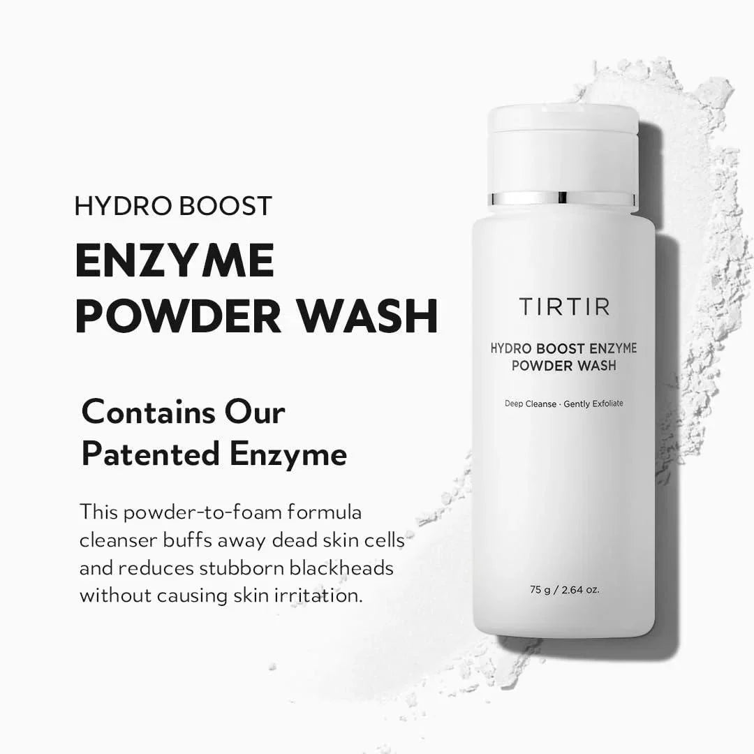 TIRTIR Hydro Boost Enzyme Powder Wash cleanser by Lakinza K-beauty in 75g jar, showcasing the powder texture and packaging.