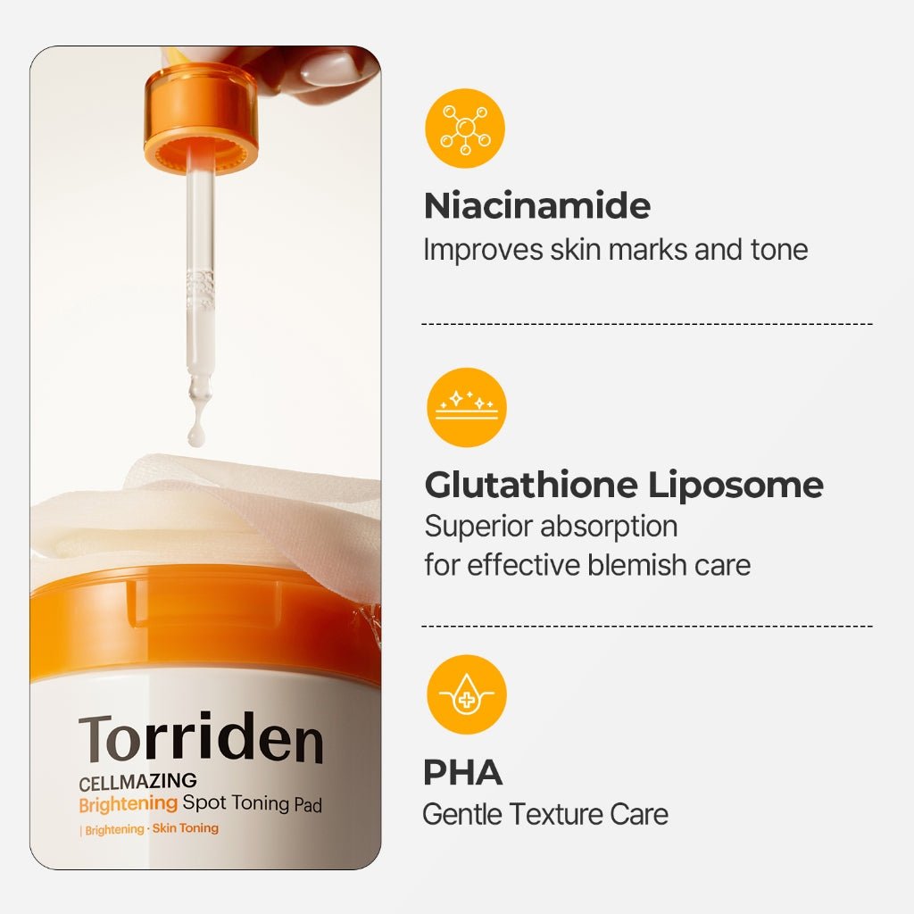 Torriden Cellmazing brightening spot toning pads in a jar, with a close-up of the product label and pads inside.