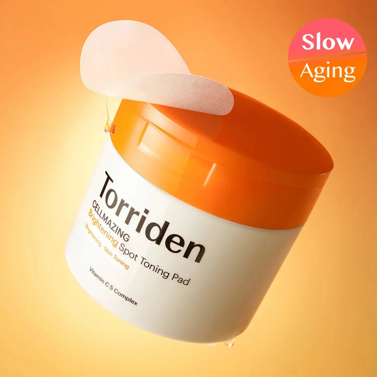 Torriden Cellmazing Brightening Spot Toning Pad in a jar, showing 70 pads and the product label, used for skin brightening and toning.
