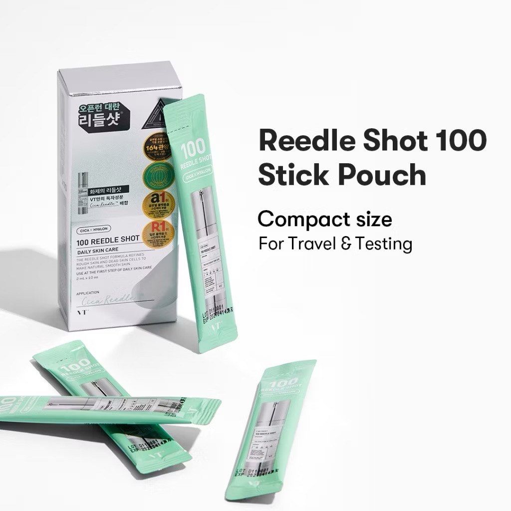 Lakinza K-beauty VT Reedle Shot 100 serum in 2ml vials, 10-pack, with clear glass bottles and dropper applicators.
