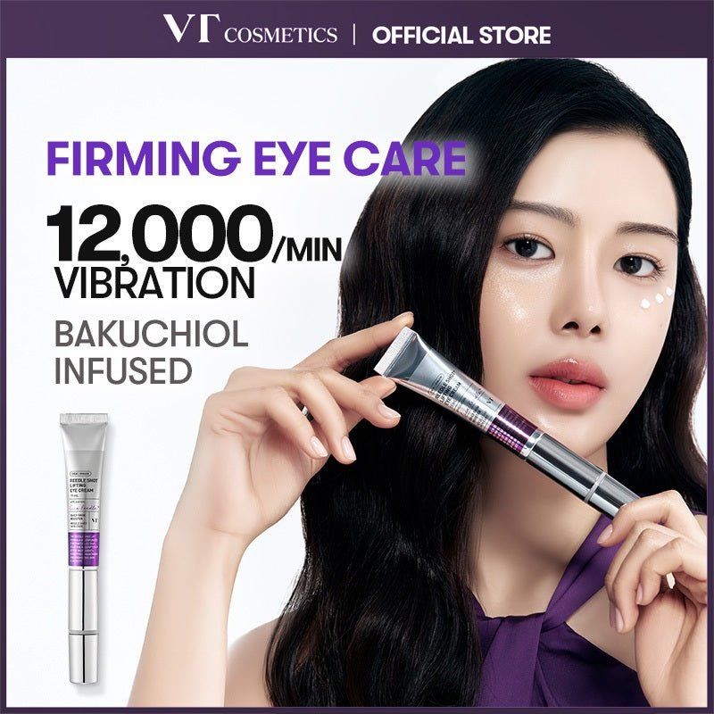 Lakinza K-beauty VT Reedle Shot Lifting Eye Cream 15ml jar with a sleek design and applicator in a close-up image.