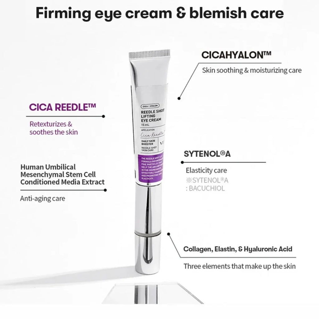 Lakinza K-beauty VT Reedle Shot Lifting Eye Cream 15ml jar showing sleek packaging and product label.