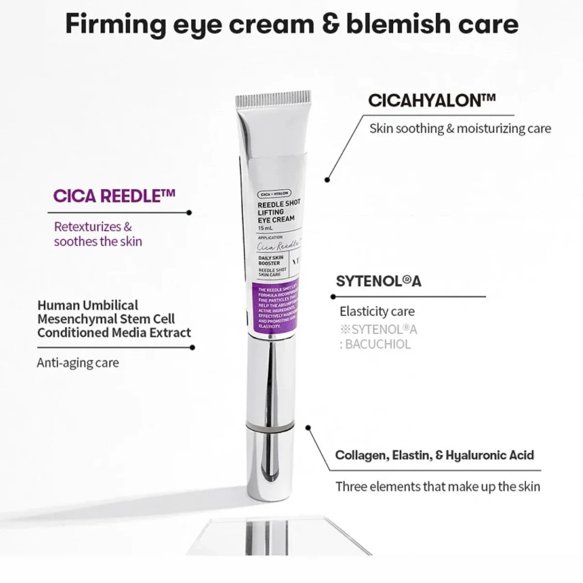 Lakinza K-beauty VT Reedle Shot Lifting Eye Cream 15ml jar showing sleek packaging and product label.